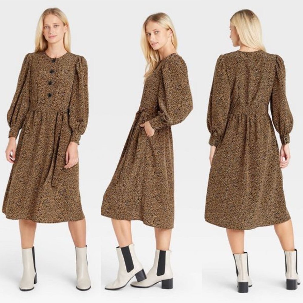 Who What Wear Long Sleeve Bold Button Leopard Print Belt Midi Dress S NWT